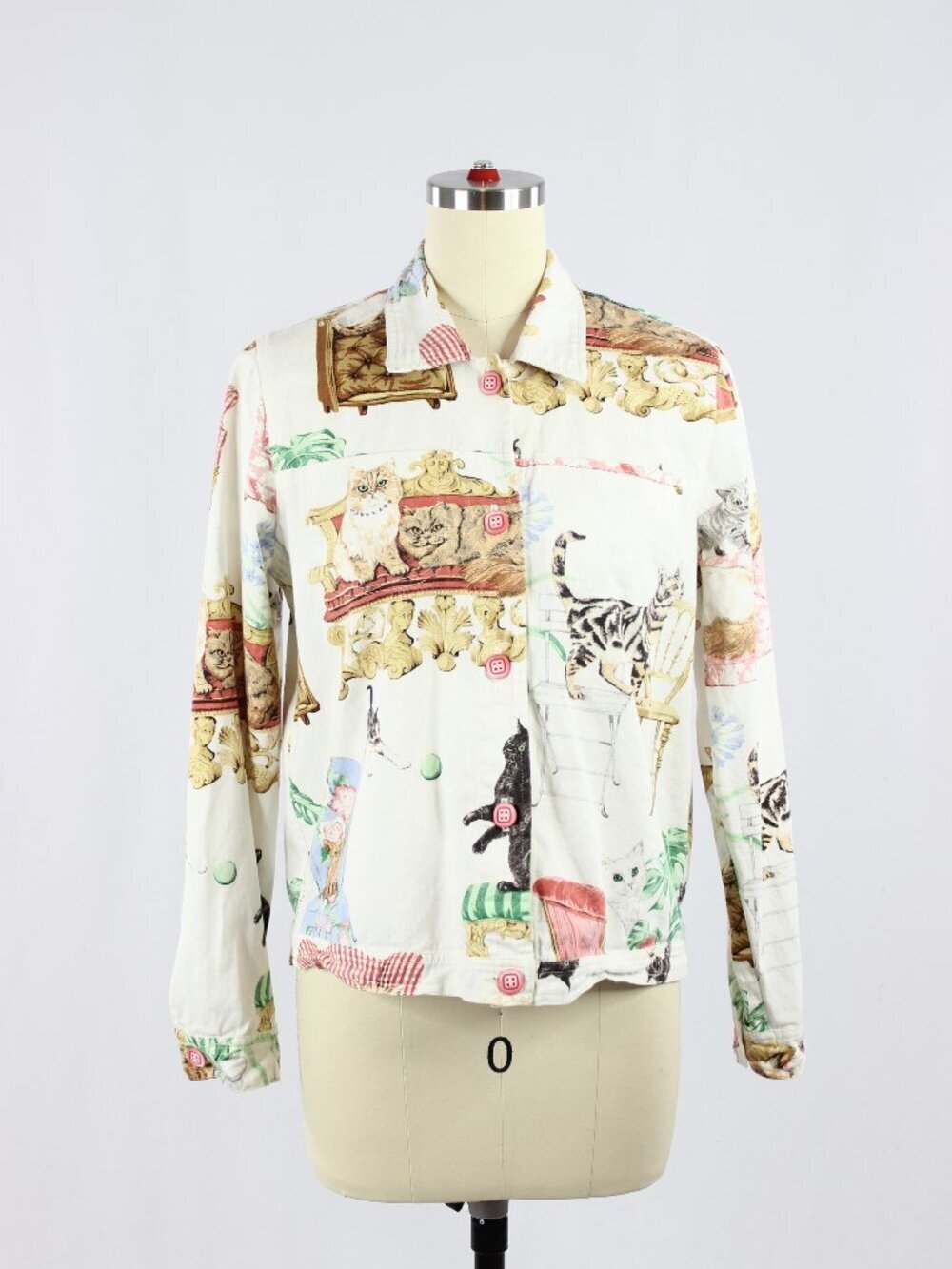 Vintage 00's FENINI White Cat Print Rhinestone Cotton Twill Jacket, Size S